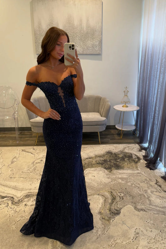 Sexy Navy Blue Mermaid Lace Appliques Prom Dresses Long for Women Prom Dress DP277