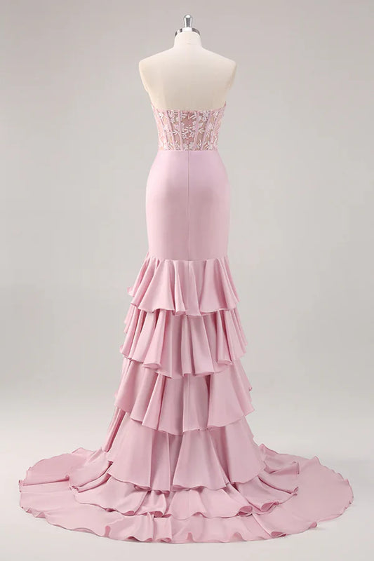 Blush Mermaid trägerloses Korsett gestuftes langes Ballkleid mit Schlitz Abschlusskleider DP525