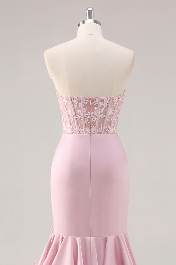 Robe de bal longue à volants style sirène, sans bretelles, style corset, avec fente, DP525