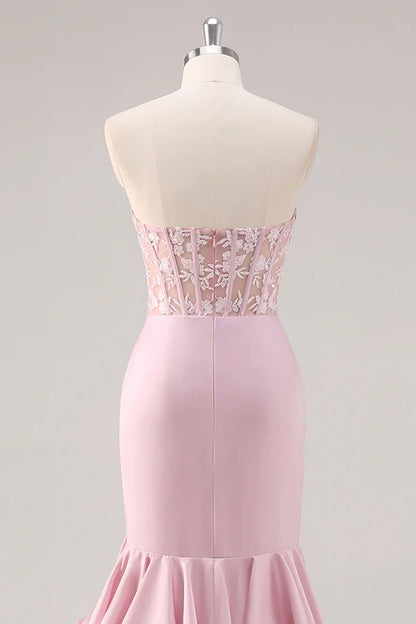 Robe de bal longue à volants style sirène, sans bretelles, style corset, avec fente, DP525