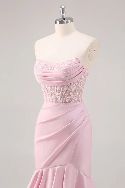 Robe de bal longue à volants style sirène, sans bretelles, style corset, avec fente, DP525