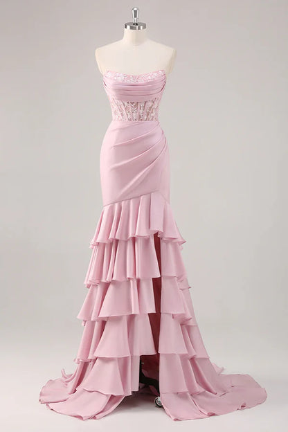 Robe de bal longue à volants style sirène, sans bretelles, style corset, avec fente, DP525