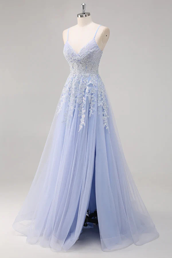 Hübsches A-Linie Spaghettiträger Tüll Perlenbesetztes langes Ballkleid mit Schlitz Abschlusskleider DP527