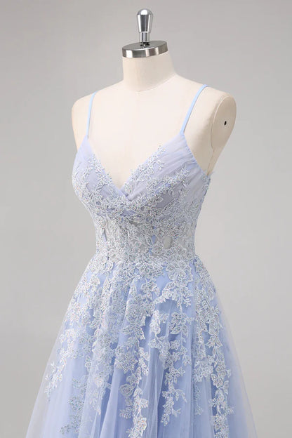 Hübsches A-Linie Spaghettiträger Tüll Perlenbesetztes langes Ballkleid mit Schlitz Abschlusskleider DP527