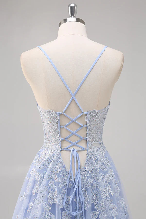 Hübsches A-Linie Spaghettiträger Tüll Perlenbesetztes langes Ballkleid mit Schlitz Abschlusskleider DP527