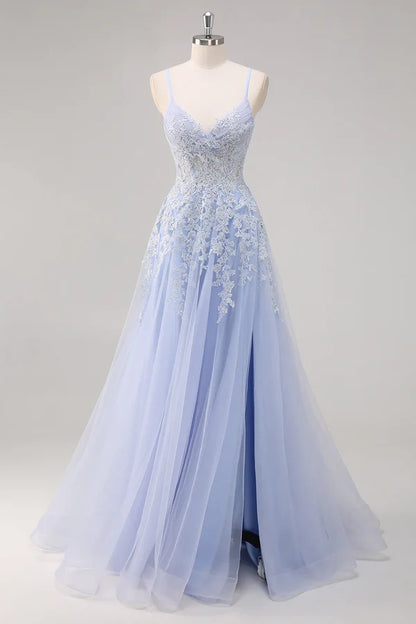 Hübsches A-Linie Spaghettiträger Tüll Perlenbesetztes langes Ballkleid mit Schlitz Abschlusskleider DP527