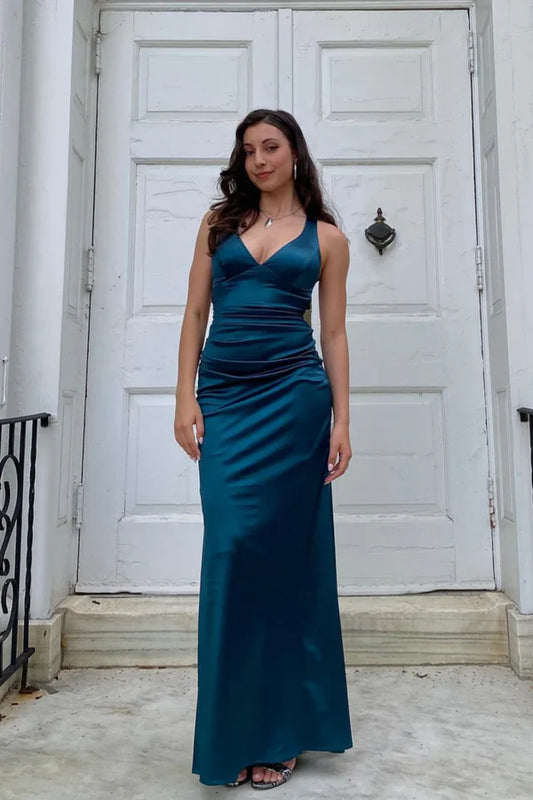 Hübsches Meerjungfrauen-Abschlusskleid mit V-Ausschnitt, marineblau, überkreuzter Rücken, langes Kleid, DP533