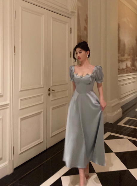 Vintage A line Square Blue Satin Prom Dresses Ruffles Evening Gowns Evening Dress DP1882
