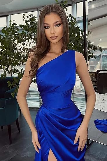 Pretty Mermaid One Shoulder Black Slit Satin Party Dresses Formal Summer Wedding Guest Dresses Wedding Guest Outfits DP2136