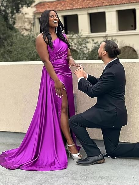 Pretty Mermaid One Shoulder Black Slit Satin Party Dresses Formal Summer Wedding Guest Dresses Wedding Guest Outfits DP2136