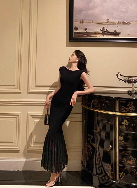 Sexy Meerjungfrau-U-Ausschnitt, schwarzes Kleid zum 21. Geburtstag, Urlaubsparty, Geburtstags-Outfits für Frauen, DP0176