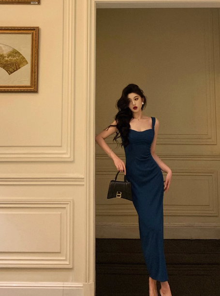 Robe fourreau vintage en satin bleu sans manches, décolleté carré, tenue de fête pour 18e anniversaire, tenue d'anniversaire pour femme, DP0206