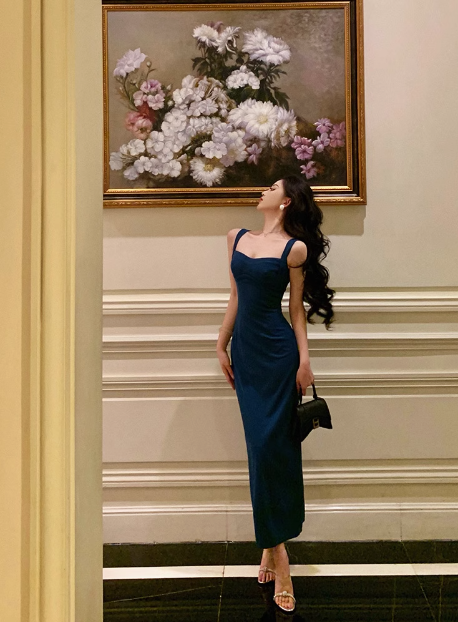 Robe fourreau vintage en satin bleu sans manches, décolleté carré, tenue de fête pour 18e anniversaire, tenue d'anniversaire pour femme, DP0206