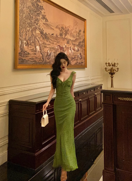 Robe sirène vintage à col en V et motif floral vert sans manches pour 18e anniversaire, tenue de fête pour femme, DP0202