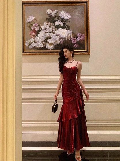Sexy Meerjungfrau Spaghettiträger Burgunderrotes Kleid zum 21. Geburtstag Urlaubsparty Geburtstags-Outfits für Frauen DP0192