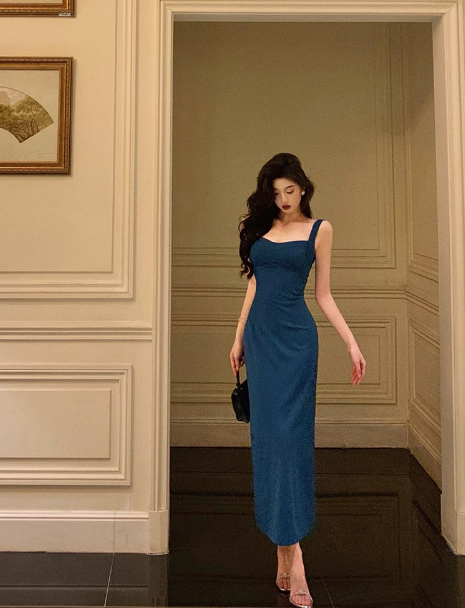 Robe fourreau vintage en satin bleu sans manches, décolleté carré, tenue de fête pour 18e anniversaire, tenue d'anniversaire pour femme, DP0206