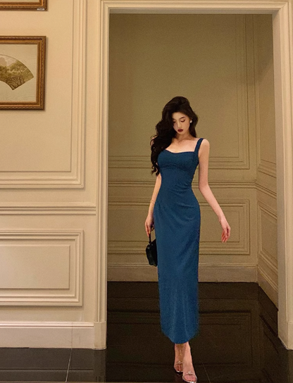 Robe fourreau vintage en satin bleu sans manches, décolleté carré, tenue de fête pour 18e anniversaire, tenue d'anniversaire pour femme, DP0206