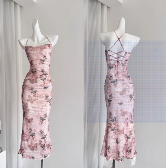 Cute Mermaid Spaghetti Straps Pink Floral Long Summer Dress For Women DP0012