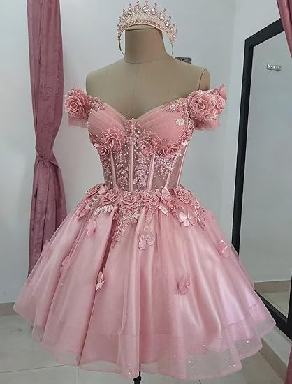 Modest Ball Gown Off The Shoulder Blush Pink Tulle Formal Homecoming Dresses 8th Grad Dance Graduation Dress Short Hoco Dresses DH2596