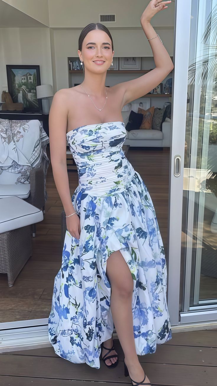 Elegant Wedding Guest Outfit Ball Gown Blue Floral Formal Night Dresses Summer Wedding Guest Dresses Graduation Dresses DP764
