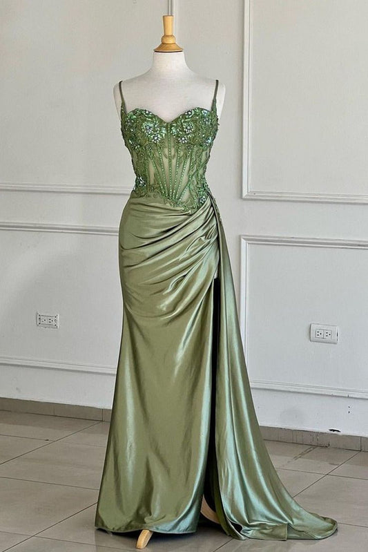 Sexy silbernes Meerjungfrau-Ballkleid mit Spaghettiträgern und Applikationen DP307