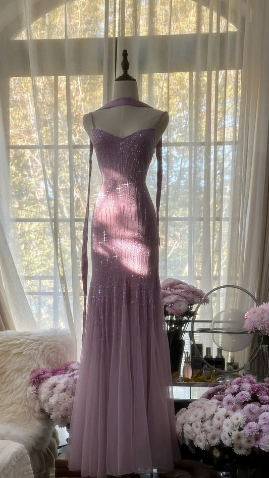 Sexy Meerjungfrau Spaghettiträger Lila Elegante Tüll Pailletten Ballkleider P0001