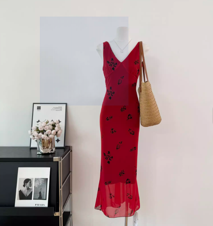 Cute A line V Neckline Red Floral Long Summer Dress For Women DP0011