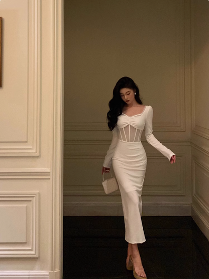Sexy Sheath White Long Sleeves Satin 21st Birthday Dress Party Gown Birthday Outfits Birthday Dress Ideas For Women DP1896