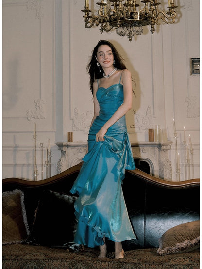 Elegant Mermaid Spaghetti Straps Blue Satin Long Prom Dresses Party Dress 21st Birthday Outfits Graduation Dresses DH2398
