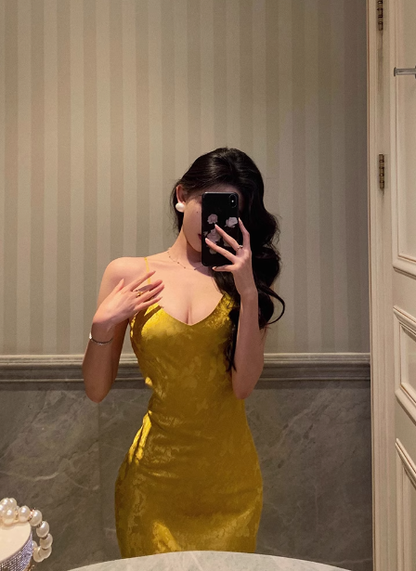 Hübsches Meerjungfrau-Spaghettiträger-Kleid aus gelbem Satin zum 18. Geburtstag, Party- und Geburtstags-Outfits für Damen, DP0169