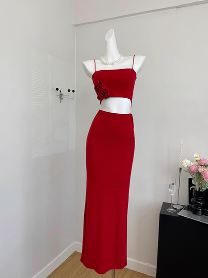 Süße Meerjungfrau Spaghettiträger 2 Stück Rotes langes Sommerkleid für Frauen DP0013