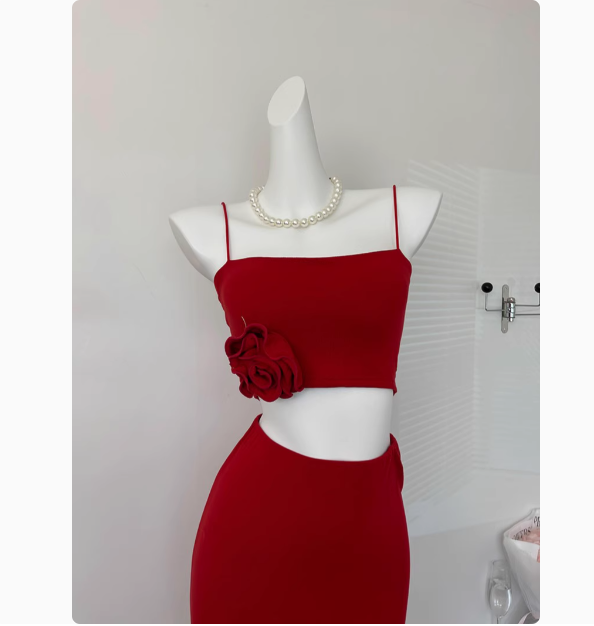 Süße Meerjungfrau Spaghettiträger 2 Stück Rotes langes Sommerkleid für Frauen DP0013