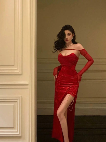 Sexy Sheath Strapless Red Slit Sleeveless Prom Dresses Party Dress Summer Birthday Outfits 20th Birthday Dresses W809