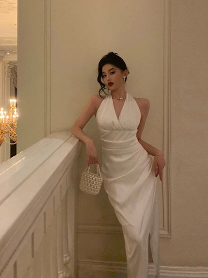 Sexy Sheath Halter White Sleeveless Prom Dresses Party Dress Summer Birthday Outfits Birthday Dresses W811