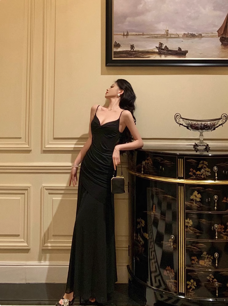 Elegantes Meerjungfrau-Kleid aus schwarzem Chiffon, ärmellos, für den 21. Geburtstag, Partykleid, Geburtstags-Outfits, Geburtstagskleid-Ideen für Frauen, DP1288