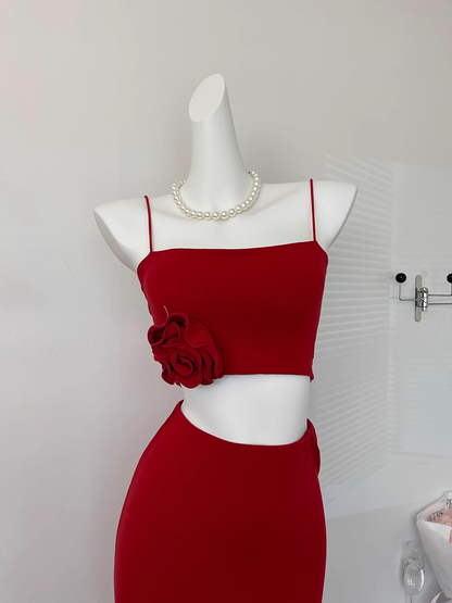 Süße Meerjungfrau Spaghettiträger 2 Stück Rotes langes Sommerkleid für Frauen DP0013