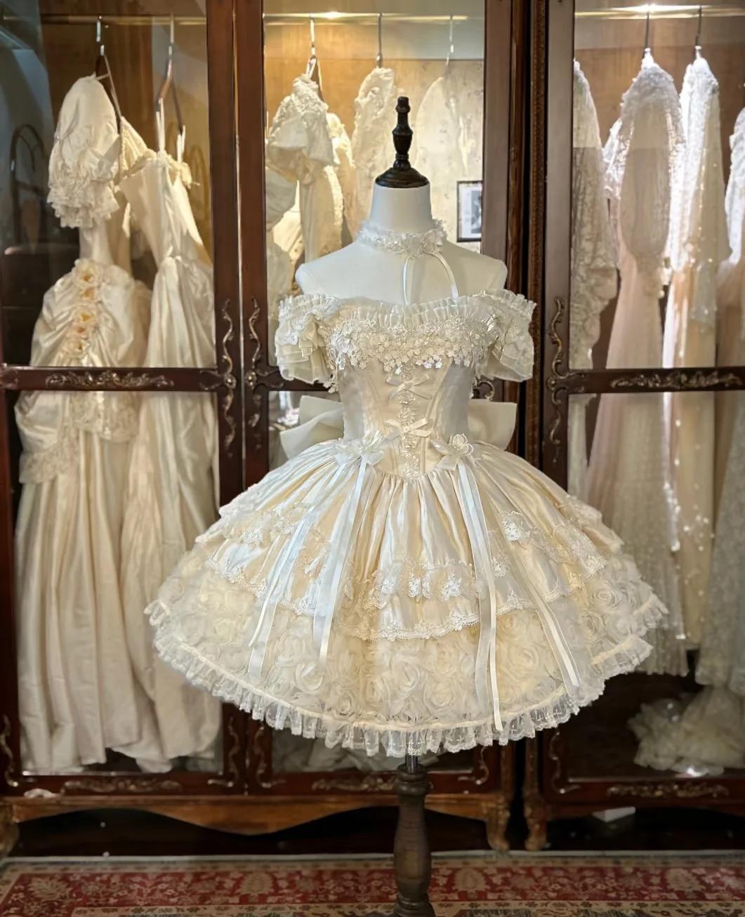 Vintage Ball Gown White Off Shoulder Tulle Lace  Short Lolita Outfits 22th Birthday Dress Mini Cute Lolita Dress  DH02715