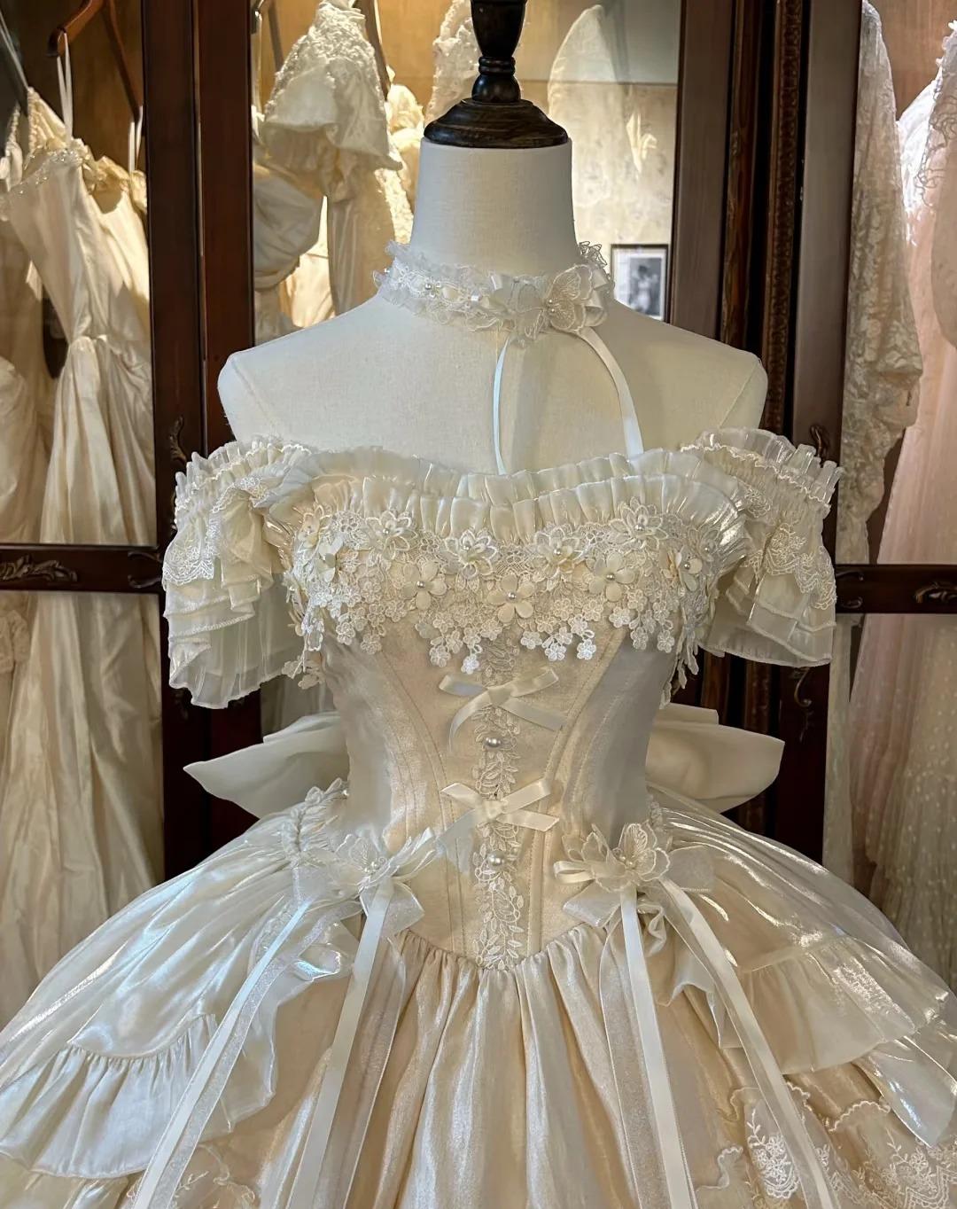 Vintage Ball Gown White Off Shoulder Tulle Lace  Short Lolita Outfits 22th Birthday Dress Mini Cute Lolita Dress  DH02715