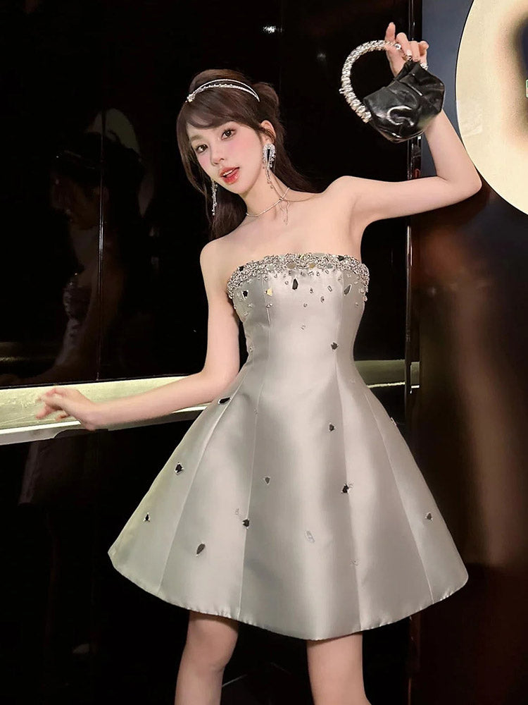 Cute A Line Strapless Gray Satin Mini Short Formal 8th Grade Homecoming Dresses Summer Middle School Hoco Dress Homecoming Outfits Birthday Outfit DH1001