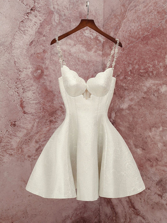 Sexy A Line Spaghetti Straps White Sleeveless Mini Short Formal 8th Grade Homecoming Dresses Summer Middle School Hoco Dress Homecoming Outfits Birthday Outfit DH1003