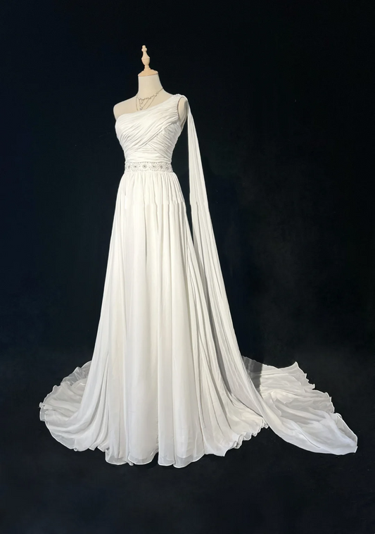Robe de mariée vintage des années 1960, coupe trapèze, asymétrique, sans manches, en mousseline plissée, perles, longue, blanche, élégante, DH1013