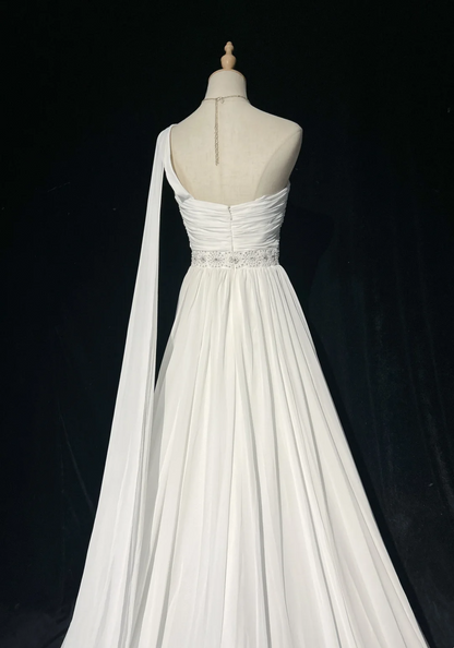 Robe de mariée vintage des années 1960, coupe trapèze, asymétrique, sans manches, en mousseline plissée, perles, longue, blanche, élégante, DH1013