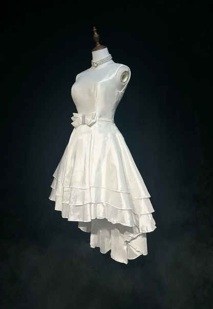 Vintage Bridal Gown 1960s High Low Scoop Sleeveless Pleated Bow-knot Beads White Short Wedding Dresses Elegant Bridal Gowns DH1014