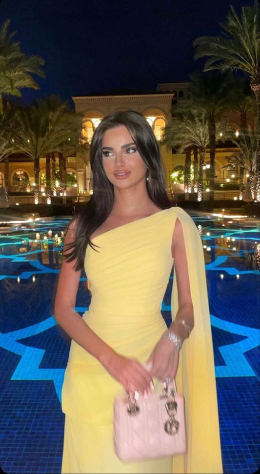 Elegant A Line One Shoulder Yellow Chiffon Long Prom Dresses Party Dress Summer 22th Birthday Outfits 21st Birthday Dresses DH1027