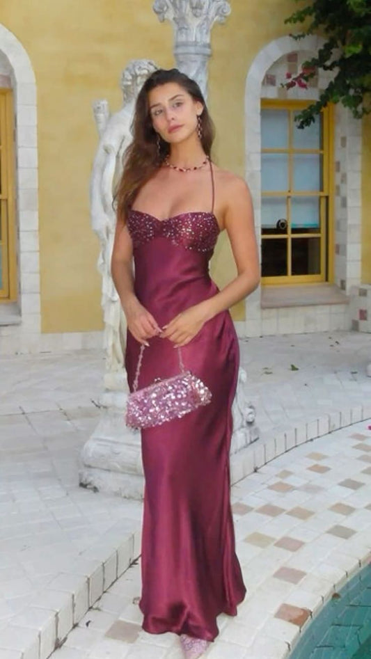 Vintage Sheath Halter Burgundy Satin Long Prom Dresses Party Dress Summer 22th Birthday Outfits 21st Birthday Dresses DH1030