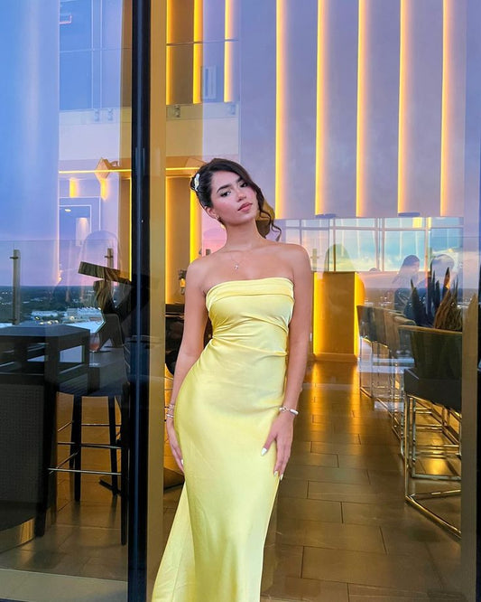 Elegant Sheath Strapless Yellow Satin Long Prom Dresses Party Dress Summer 20th Birthday Outfits 18th Birthday Dresses DH1034
