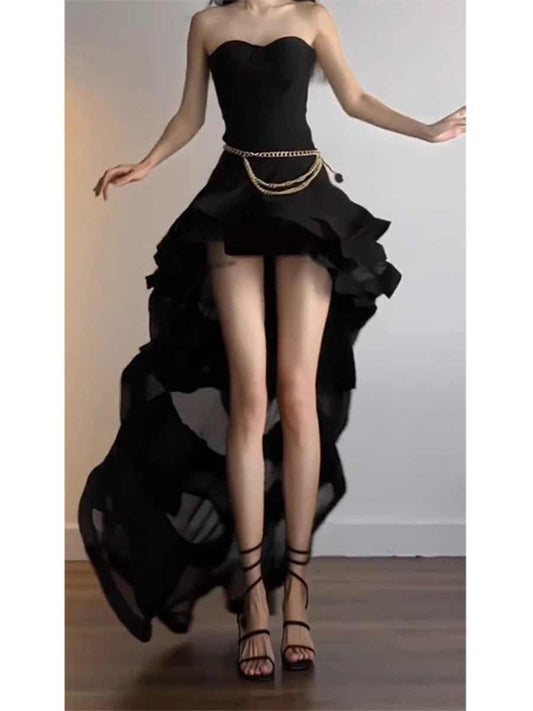 Elegant High Low Strapless Black Long Prom Dresses Party Dress Summer 22th Birthday Outfits 18th Birthday Dresses DH1043