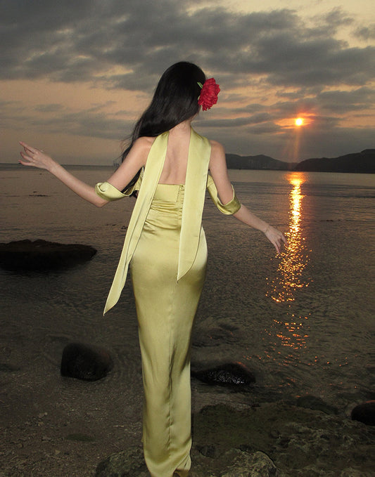 Elegant Mermaid Off The Shoulder Yellow Satin Prom Dresses Party Dress Summer 22th Birthday Outfits 18th Birthday Dresses DH1048