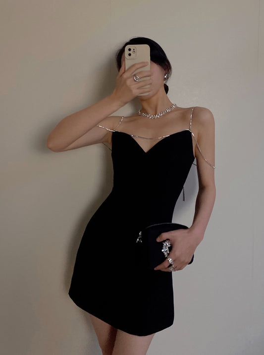 Sexy Sheath Spaghetti Straps Little Black Dress Satin Mini Short Formal 8th Grade Homecoming Dresses Summer Middle School Hoco Dress Birthday Outfits DH1099