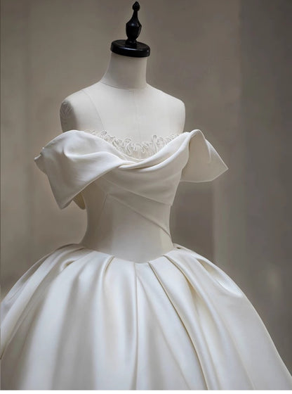 Jolie robe de mariée en satin blanc, épaules dénudées, longue, DH109